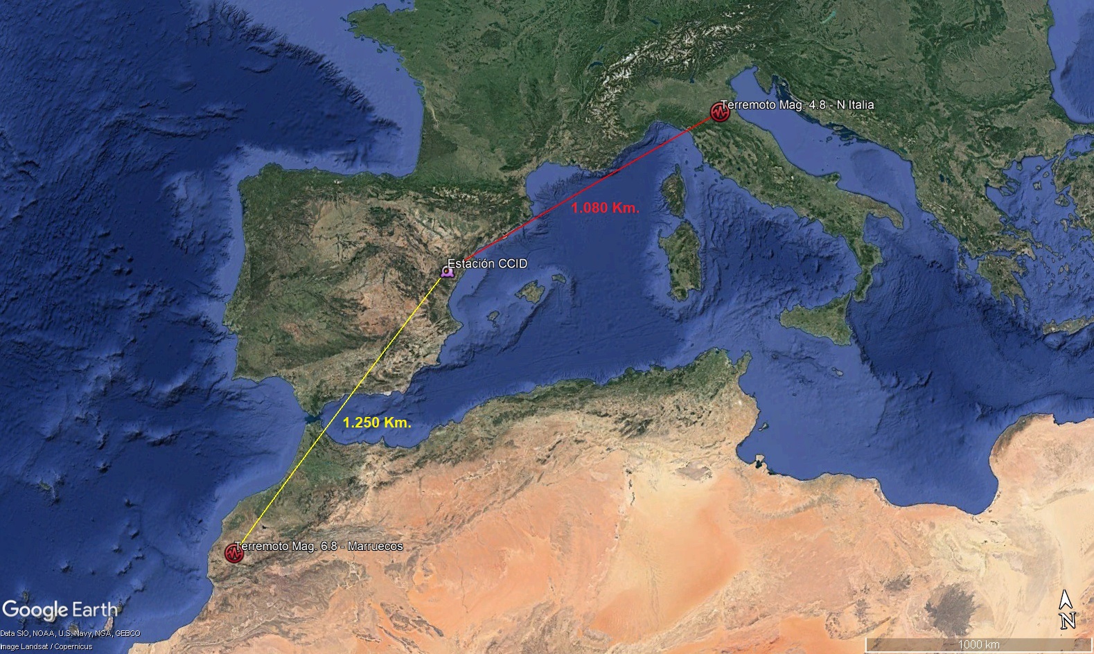 Distancias desde la estación CCID (Lucena del Cid, Castellón) a los terremotos de Marruecos e Italia.